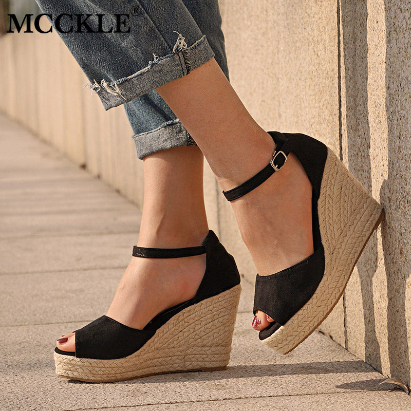 Plus Size Bohemian Women Sandals Ankle Strap Straw Platform Wedges