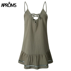 Sexy Elegant Lace Up V-neck  Cotton Dress.